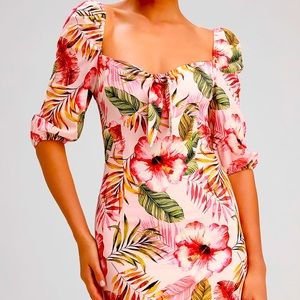 Tropical Print Tie-Front Puff Sleeve Mini Dress